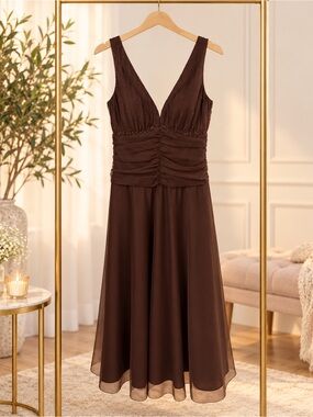 JS Boutique Brown V-Neck Chiffon A-Line Dress